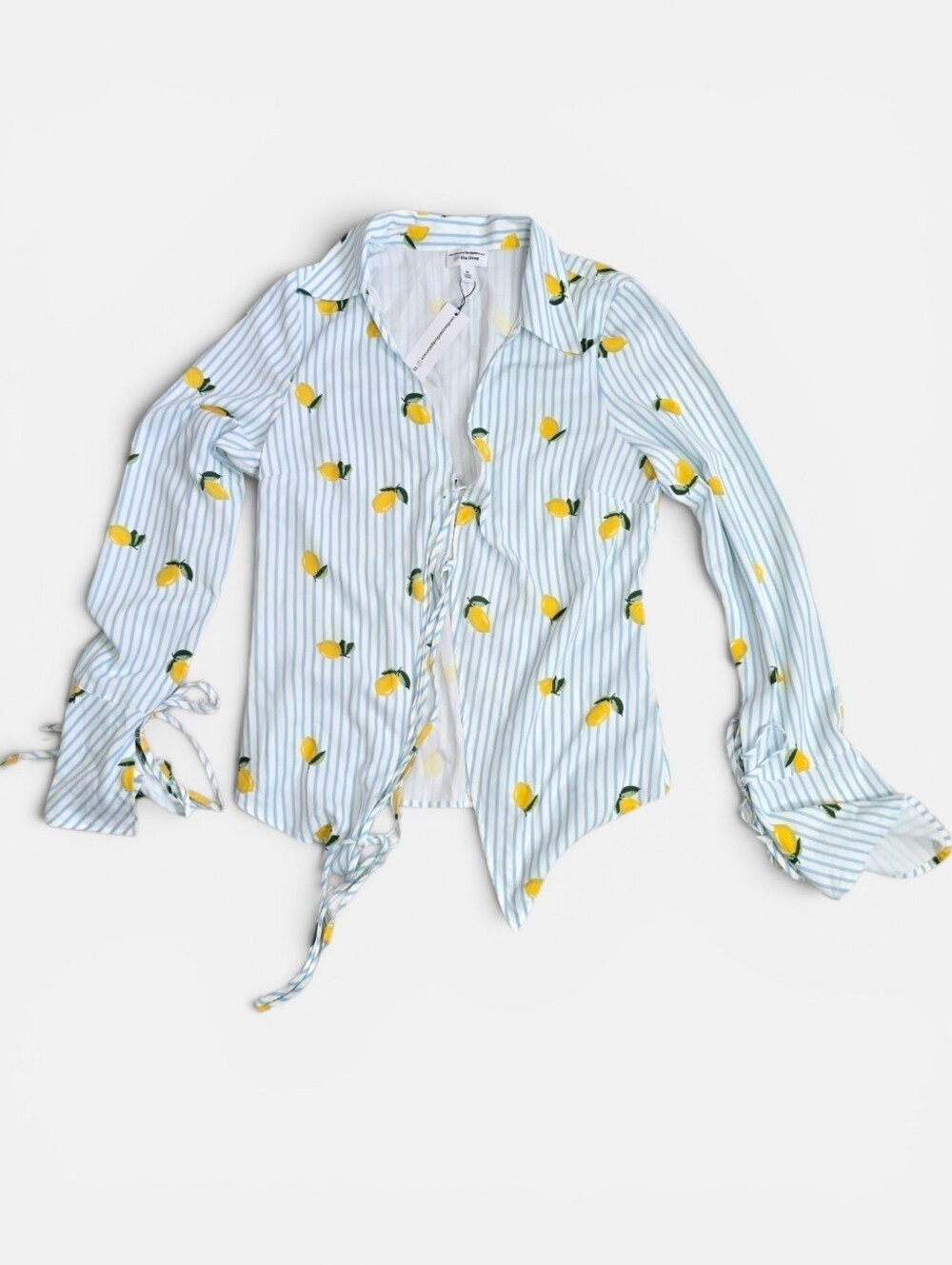 The Drop NWT Light Blue Stripe Lemon Print Button-Front Blouse
